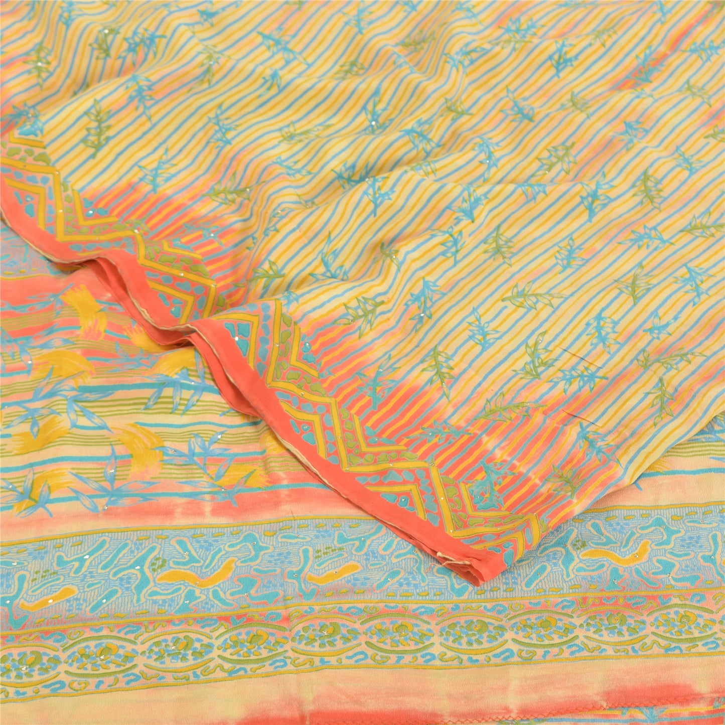 Sanskriti Vintage Sarees Cream 100%Pure Crepe Silk Printed Sari 5yd Craft Fabric