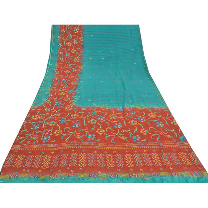 Sanskriti Vintage Sarees Blue Embordered Pure Crepe Print Sari 5yd Craft Fabric