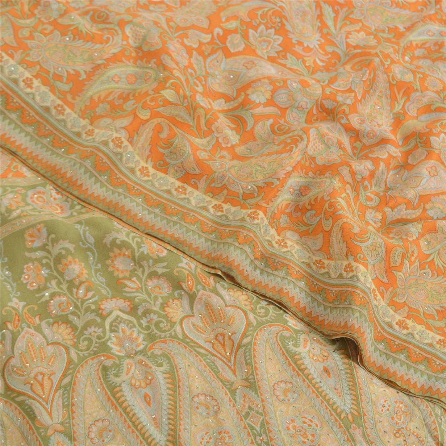 Sanskriti Vintage Sarees Orange Pure Crepe Mukesh Work Printed Sari Craft Fabric