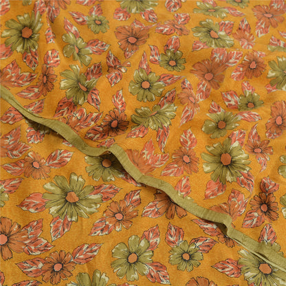 Sanskriti Vintage Sarees Mustard Pure Crepe Silk Printed Sari 5yd Craft Fabric