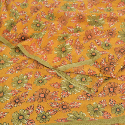 Sanskriti Vintage Sarees Mustard Pure Crepe Silk Printed Sari 5yd Craft Fabric