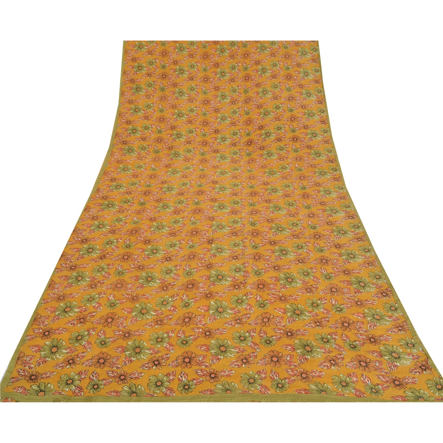 Sanskriti Vintage Sarees Mustard Pure Crepe Silk Printed Sari 5yd Craft Fabric