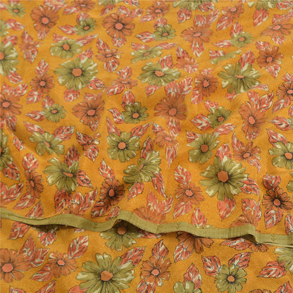 Sanskriti Vintage Sarees Mustard Pure Crepe Silk Printed Sari 5yd Craft Fabric