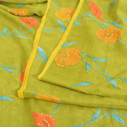 Sanskriti Vintage Sarees Green Pure Crepe Silk Hand Beaded Printed Sari Fabric