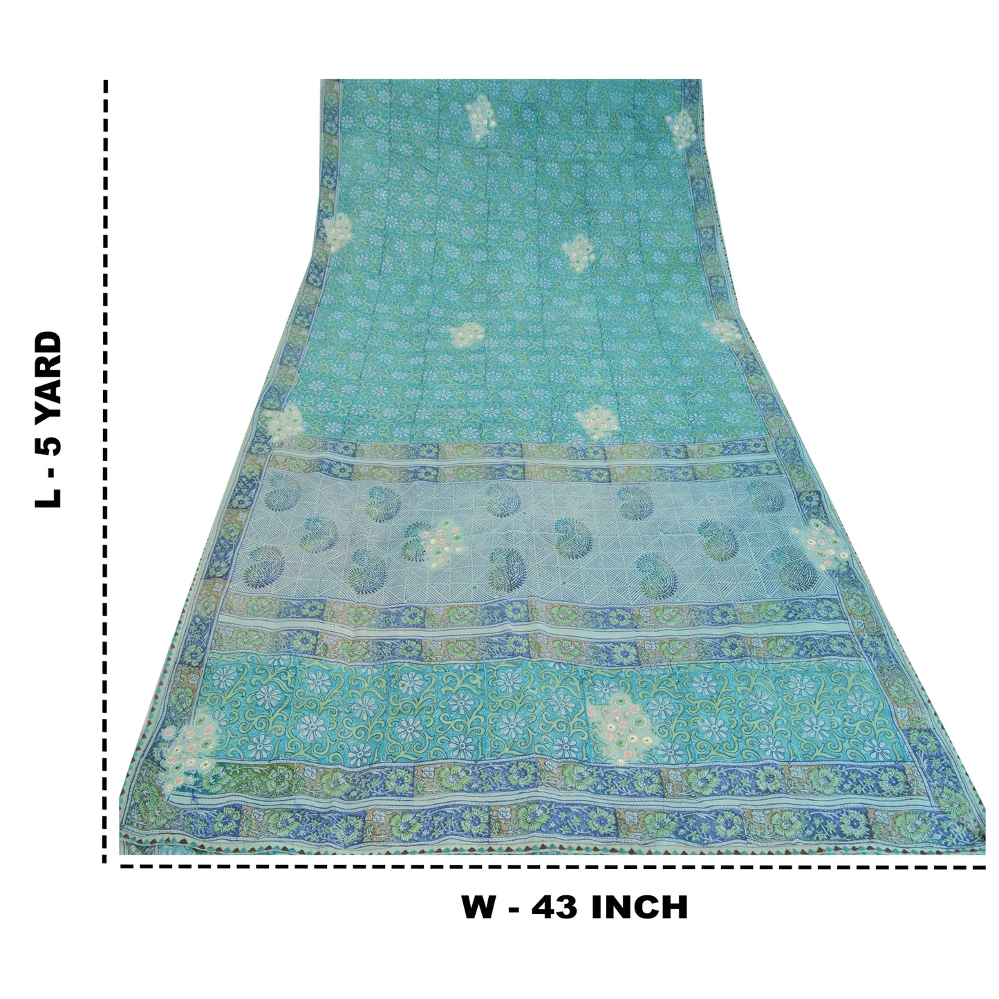 Sanskriti Vintage Sarees Blue Embroidered Pure Crepe Print Sari 5yd Craft Fabric