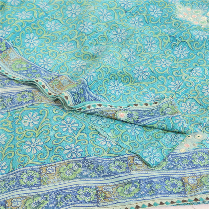 Sanskriti Vintage Sarees Blue Embroidered Pure Crepe Print Sari 5yd Craft Fabric