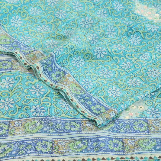 Sanskriti Vintage Sarees Blue Embroidered Pure Crepe Print Sari 5yd Craft Fabric