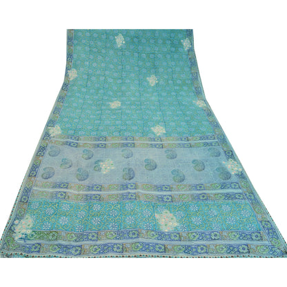 Sanskriti Vintage Sarees Blue Embroidered Pure Crepe Print Sari 5yd Craft Fabric