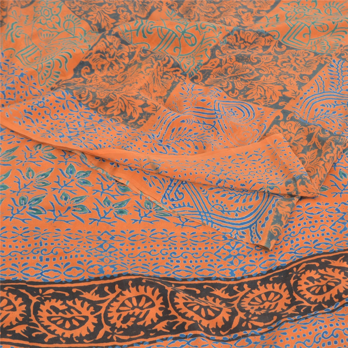 Sanskriti Vintage Sarees Orange/Blue Pure Crepe Silk Print Sari 5yd Craft Fabric