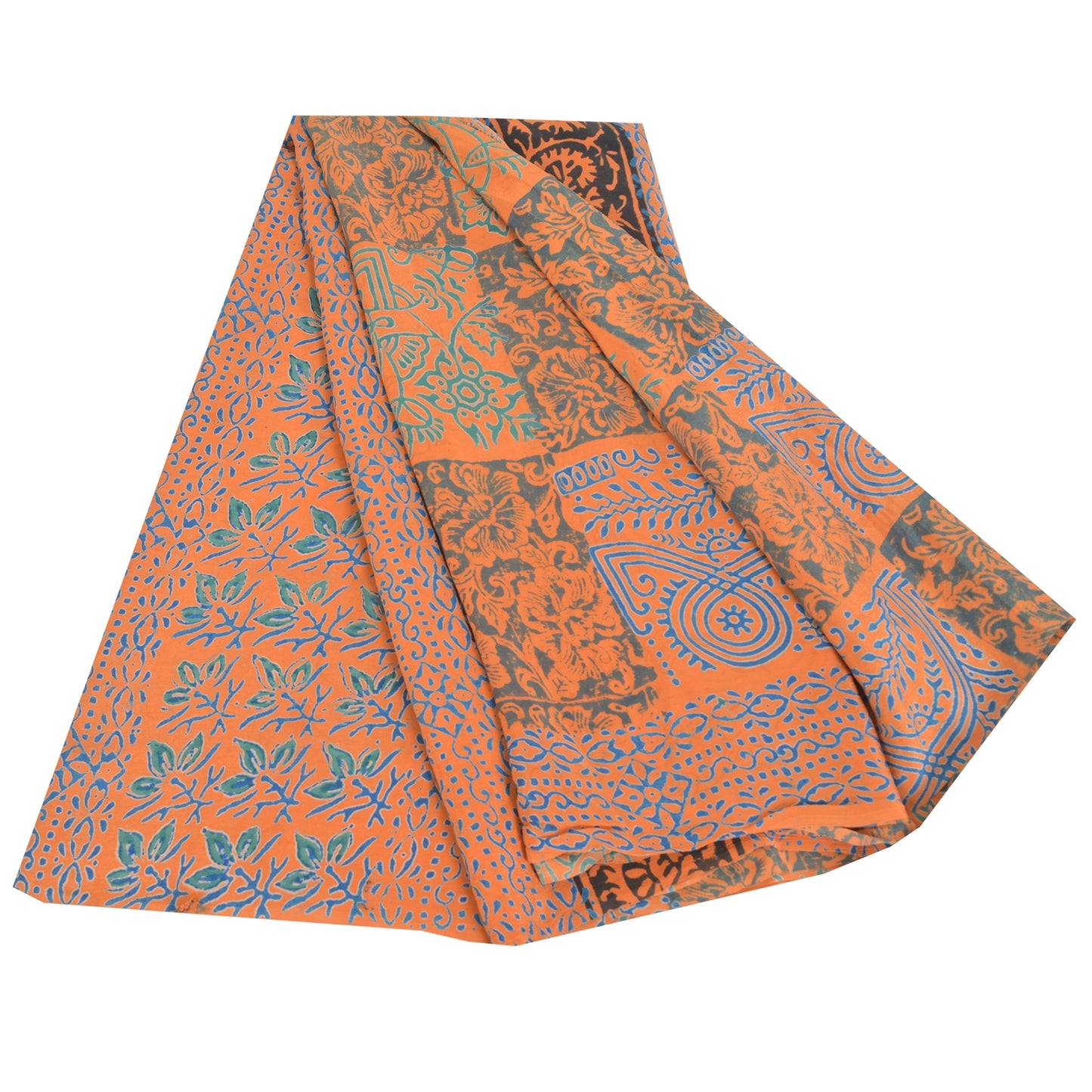 Sanskriti Vintage Sarees Orange/Blue Pure Crepe Silk Print Sari 5yd Craft Fabric