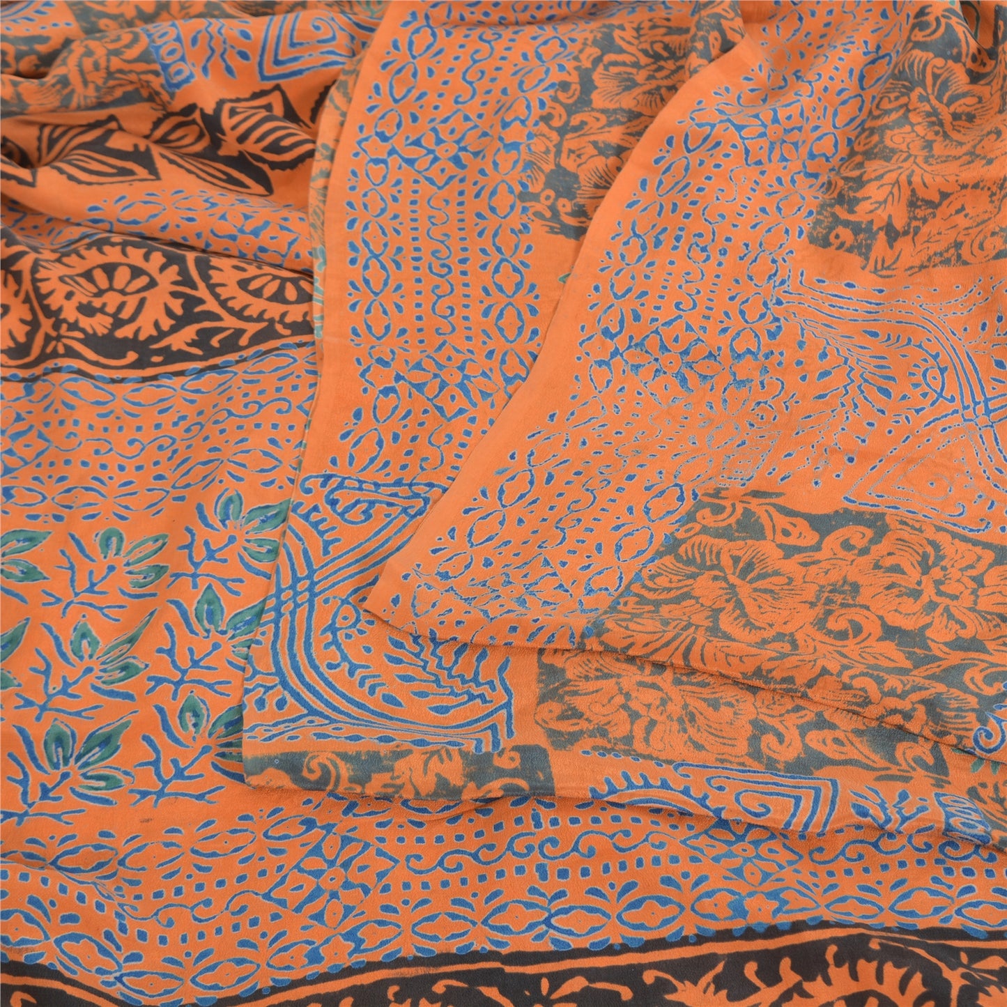 Sanskriti Vintage Sarees Orange/Blue Pure Crepe Silk Print Sari 5yd Craft Fabric