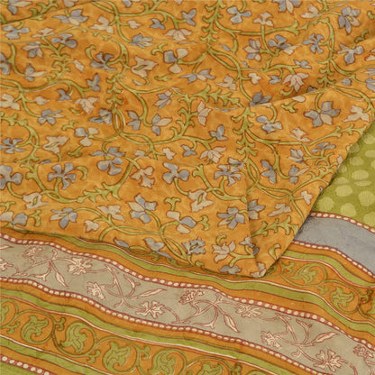 Sanskriti Vintage Sarees Saffron Pure Crepe Silk Printed Sari 5yd Craft Fabric