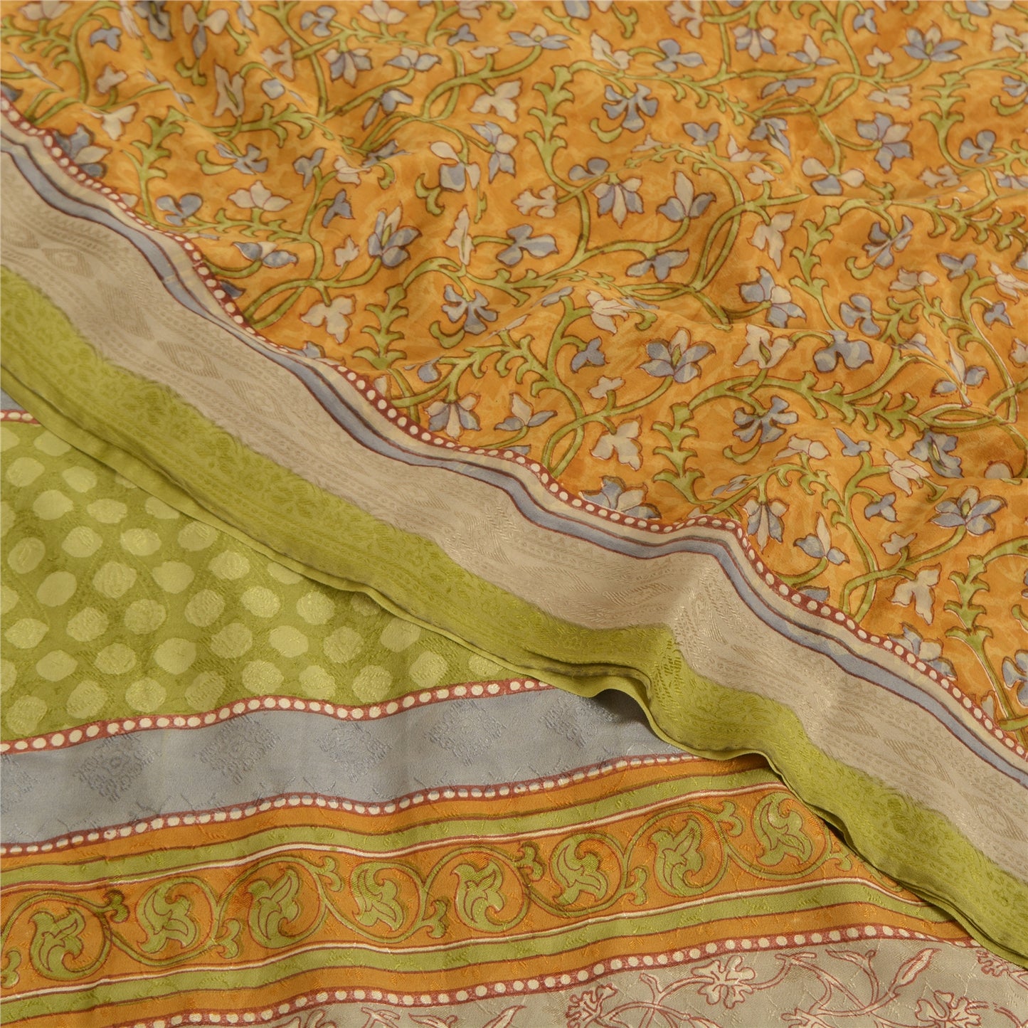 Sanskriti Vintage Sarees Saffron Pure Crepe Silk Printed Sari 5yd Craft Fabric