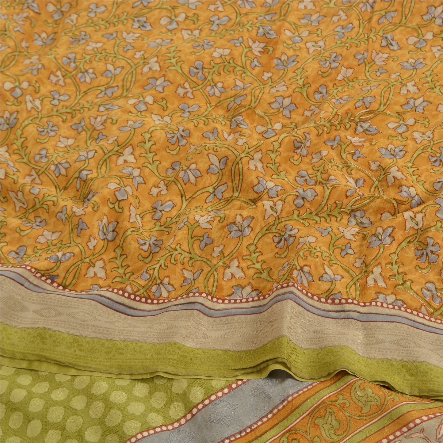 Sanskriti Vintage Sarees Saffron Pure Crepe Silk Printed Sari 5yd Craft Fabric