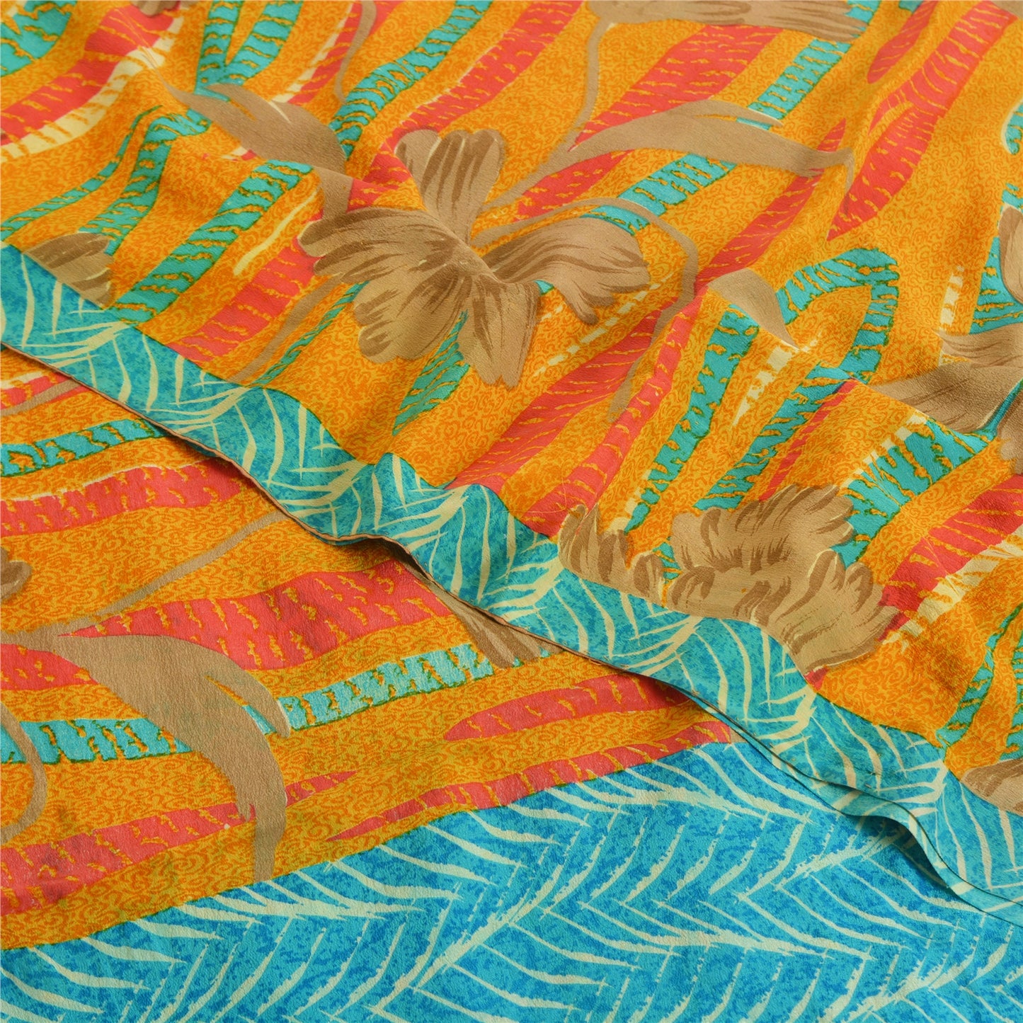 Sanskriti Vintage Sarees Saffron/Blue Pure Crepe Silk Printed Sari 5yd Fabric