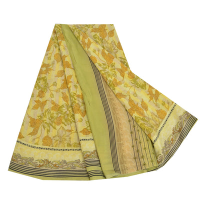 Sanskriti Vintage Sarees Green Pure Crepe Silk Printed Sari Floral Craft Fabric