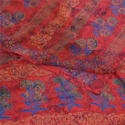 Sanskriti Vintage Sarees Red Indian Pure Crepe Silk Print Sari 5yd Craft Fabric