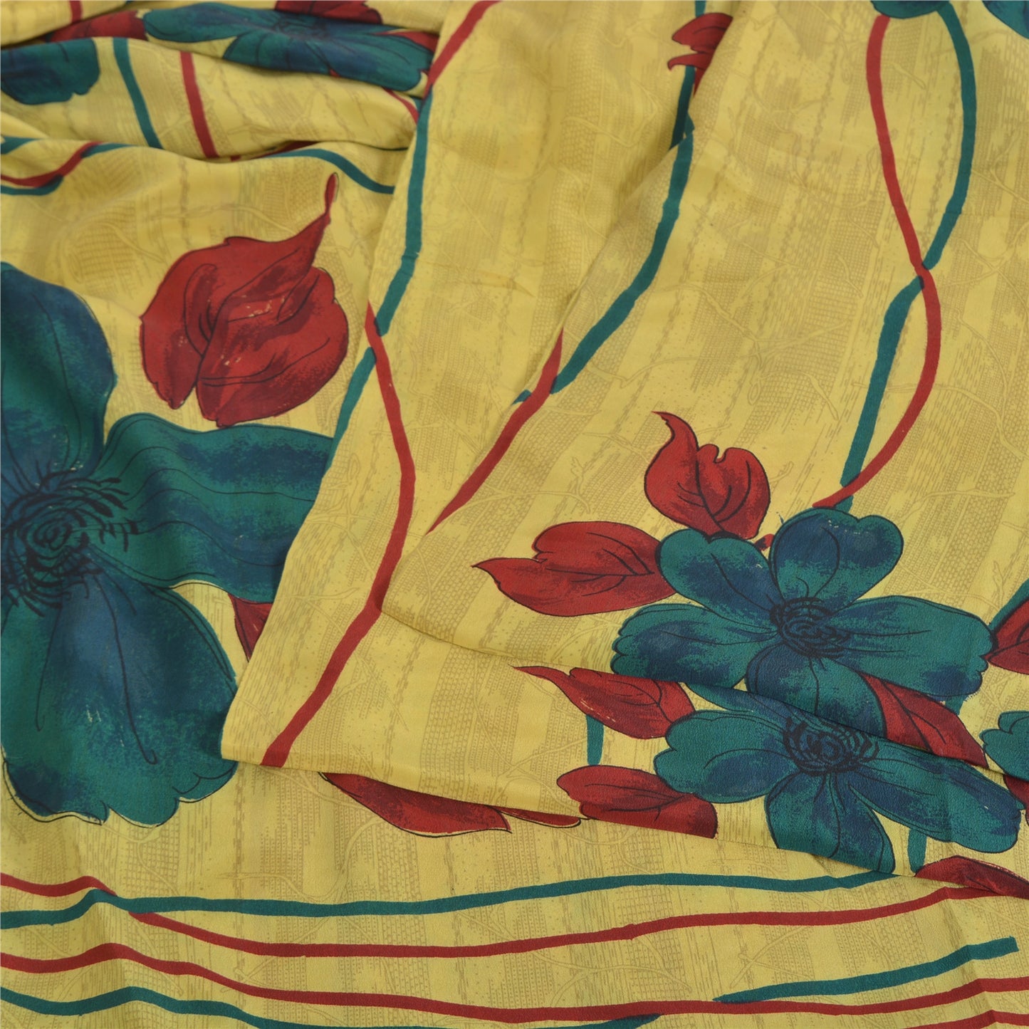 Sanskriti Vintage Sarees Yellow Pure Crepe Silk Printed Sari 5yd Craft Fabric