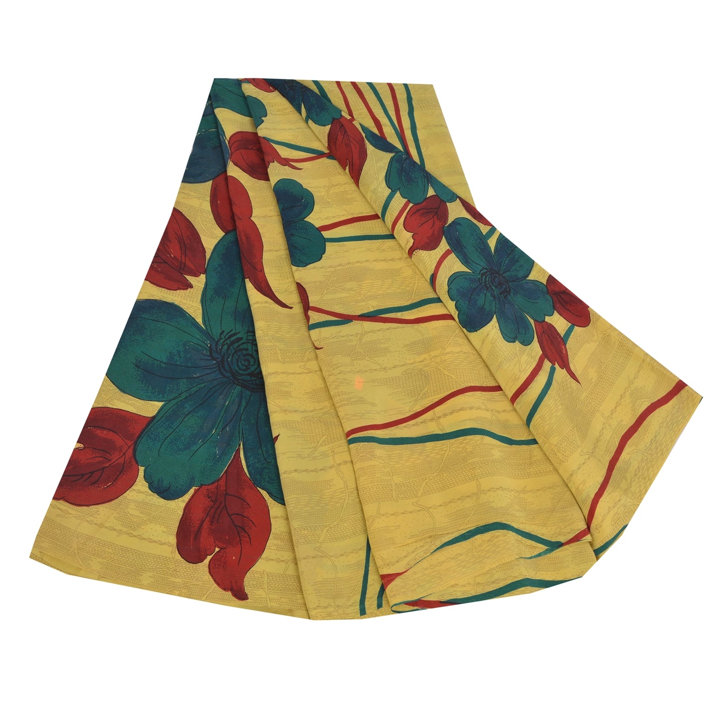 Sanskriti Vintage Sarees Yellow Pure Crepe Silk Printed Sari 5yd Craft Fabric