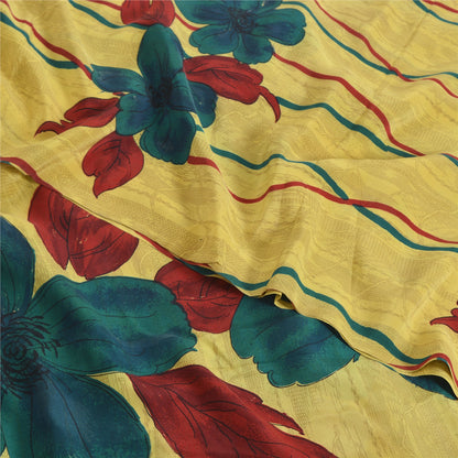 Sanskriti Vintage Sarees Yellow Pure Crepe Silk Printed Sari 5yd Craft Fabric