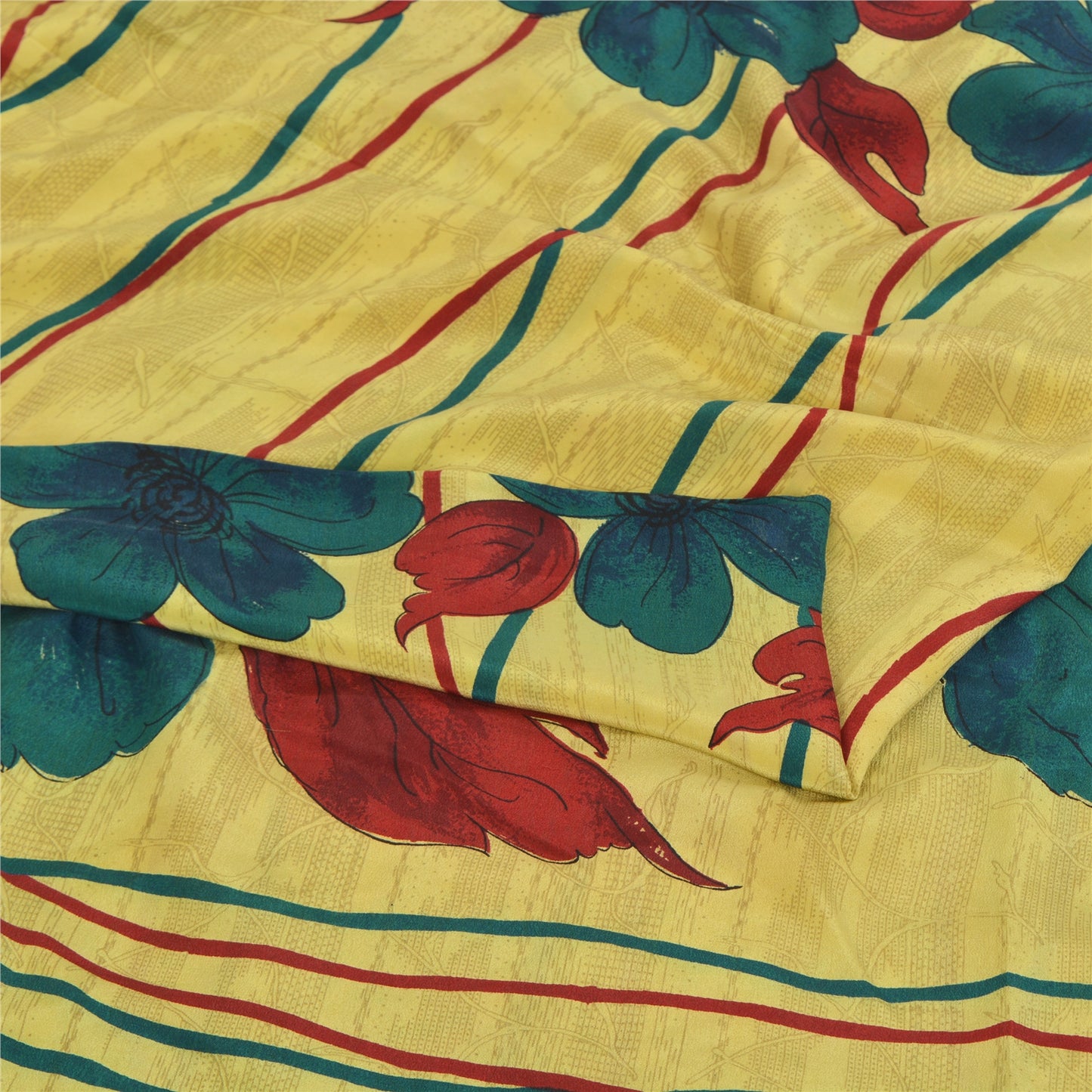 Sanskriti Vintage Sarees Yellow Pure Crepe Silk Printed Sari 5yd Craft Fabric