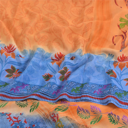 Sanskriti Vintage Sarees Orange/Blue Pure Crepe Silk Print Sari 5yd Craft Fabric