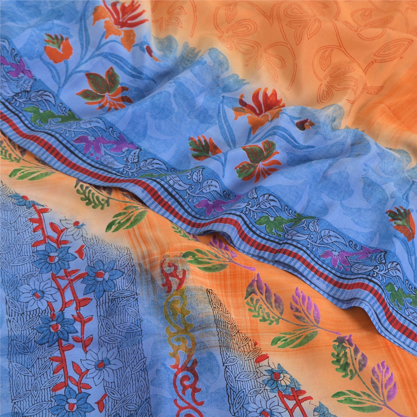 Sanskriti Vintage Sarees Orange/Blue Pure Crepe Silk Print Sari 5yd Craft Fabric