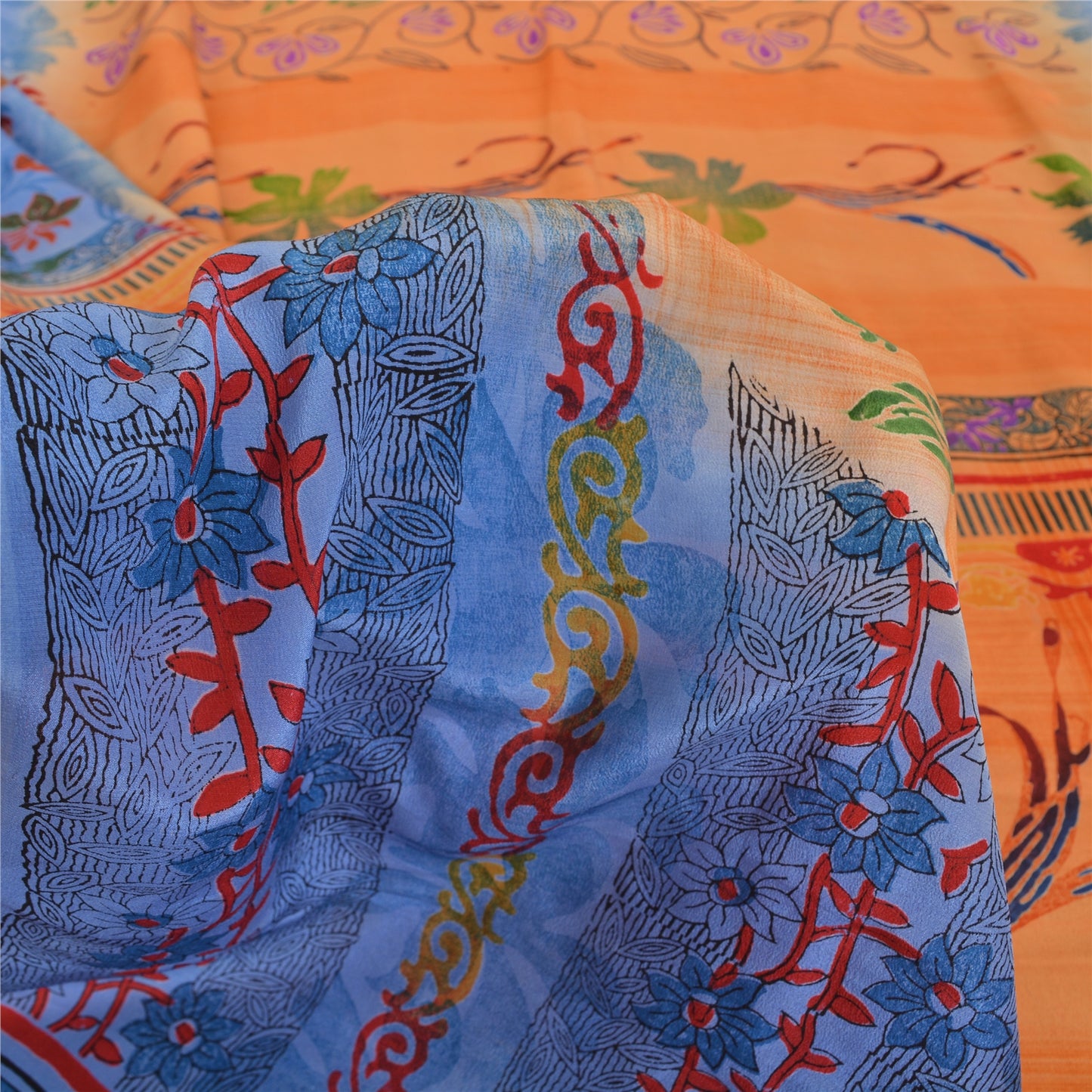 Sanskriti Vintage Sarees Orange/Blue Pure Crepe Silk Print Sari 5yd Craft Fabric