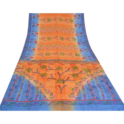 Sanskriti Vintage Sarees Orange/Blue Pure Crepe Silk Print Sari 5yd Craft Fabric