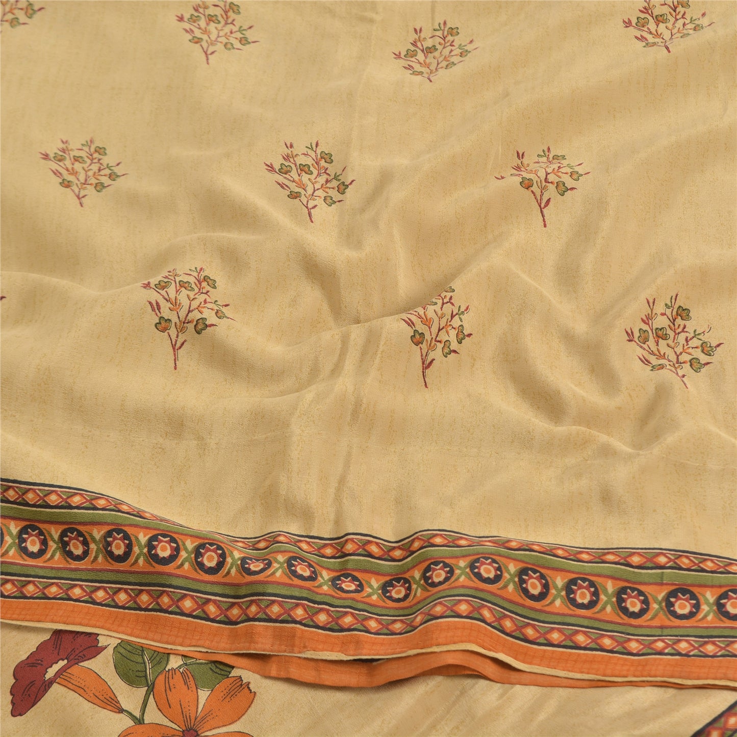 Sanskriti Vintage Sarees Cream Pure Crepe Silk Printed Sari 5yd Craft Fabric