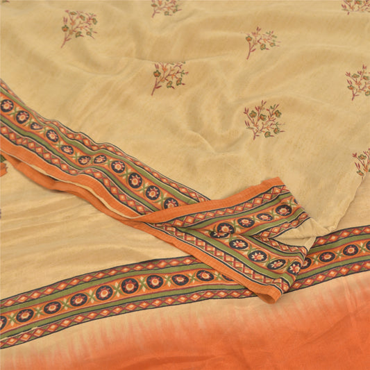 Sanskriti Vintage Sarees Cream Pure Crepe Silk Printed Sari 5yd Craft Fabric