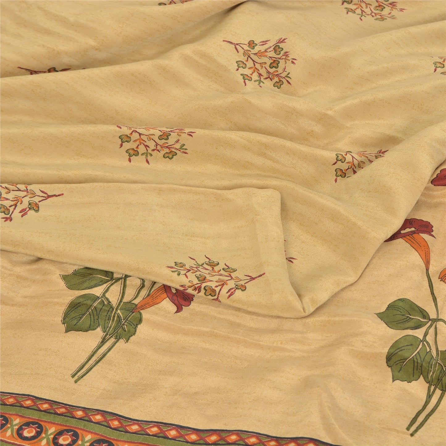 Sanskriti Vintage Sarees Cream Pure Crepe Silk Printed Sari 5yd Craft Fabric