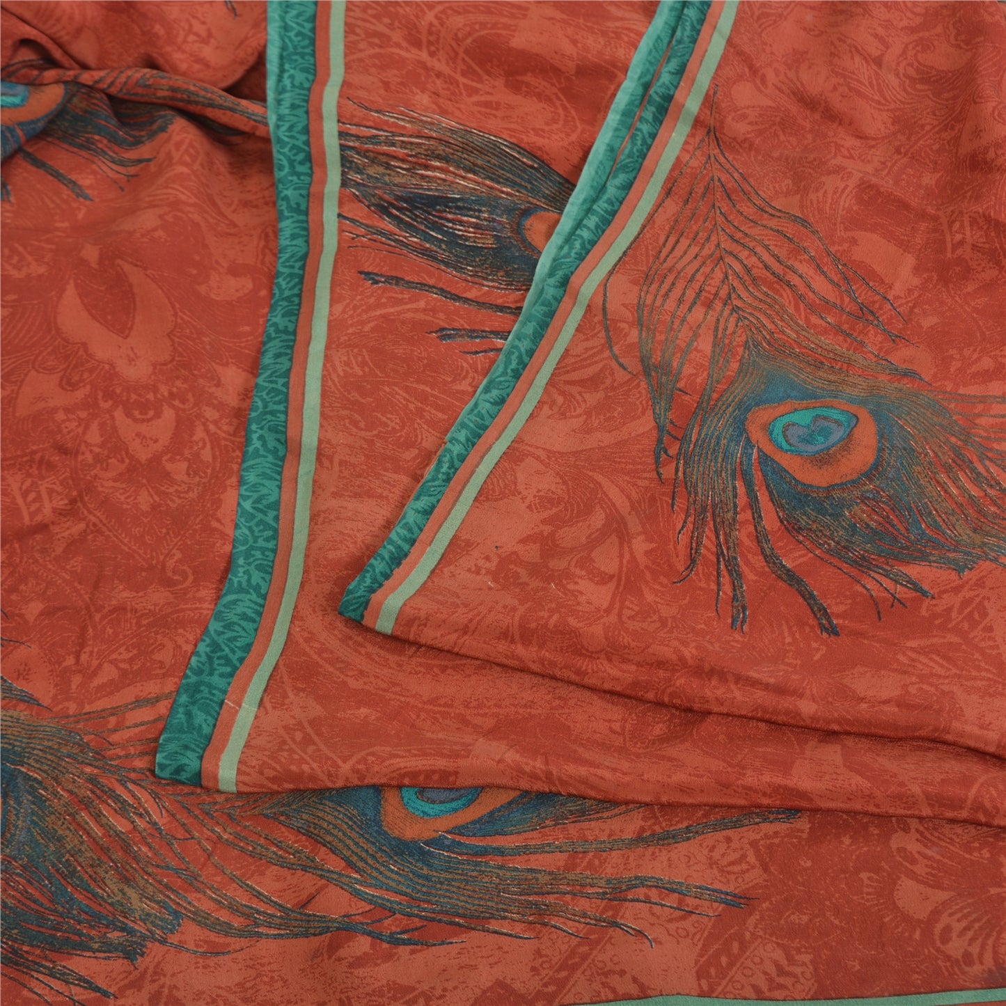 Sanskriti Vintage Sarees Orange Pure Crepe Peacock Feather Printed Sari Fabric