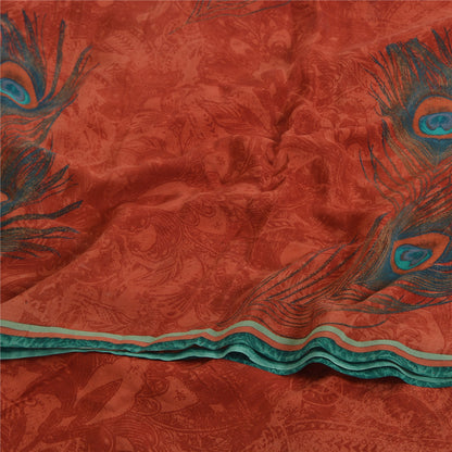 Sanskriti Vintage Sarees Orange Pure Crepe Peacock Feather Printed Sari Fabric