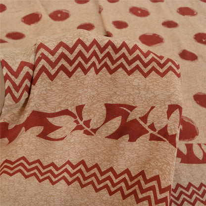 Sanskriti Vintage Sarees Red/Cream Pure Crepe Silk Printed Sari 5yd Craft Fabric