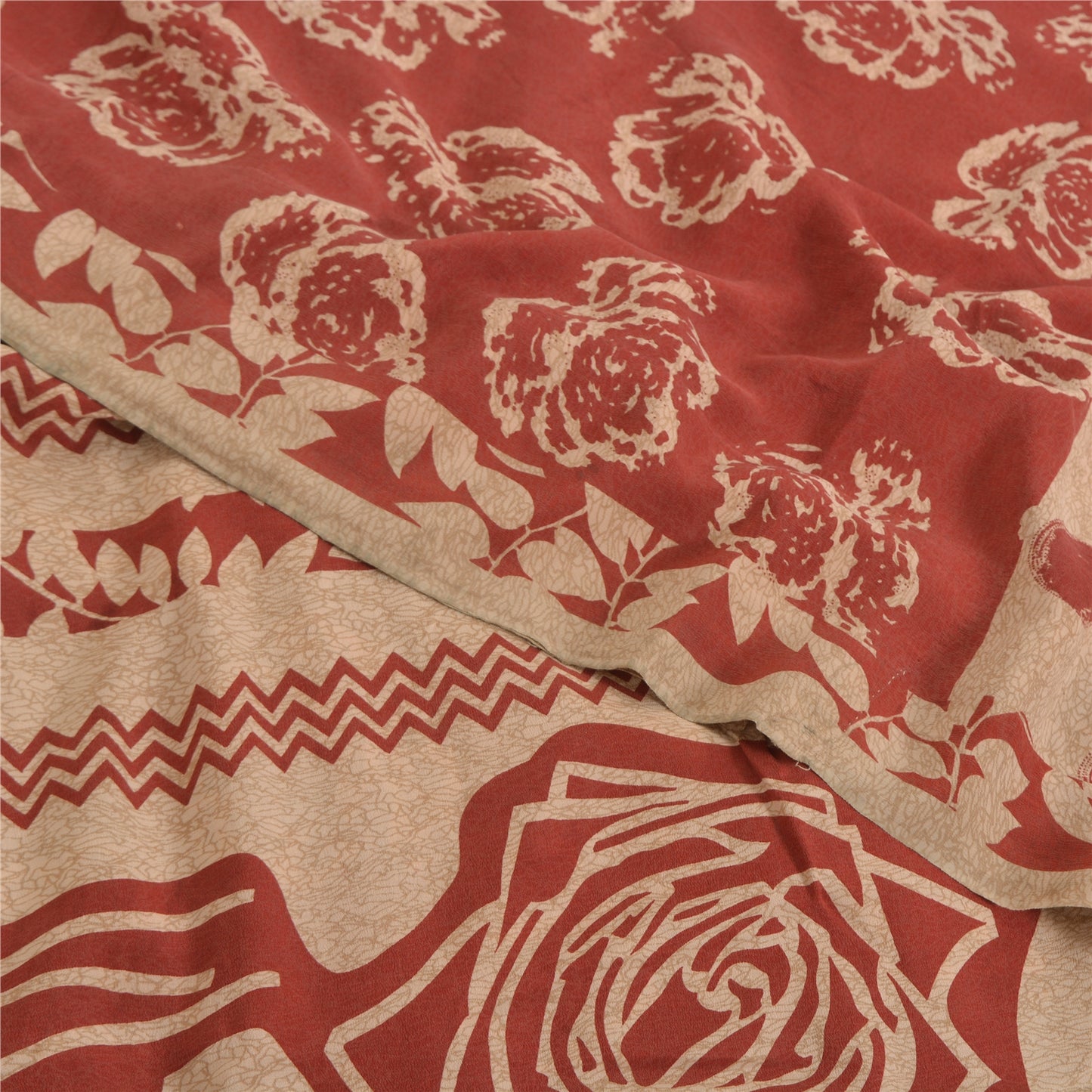 Sanskriti Vintage Sarees Red/Cream Pure Crepe Silk Printed Sari 5yd Craft Fabric