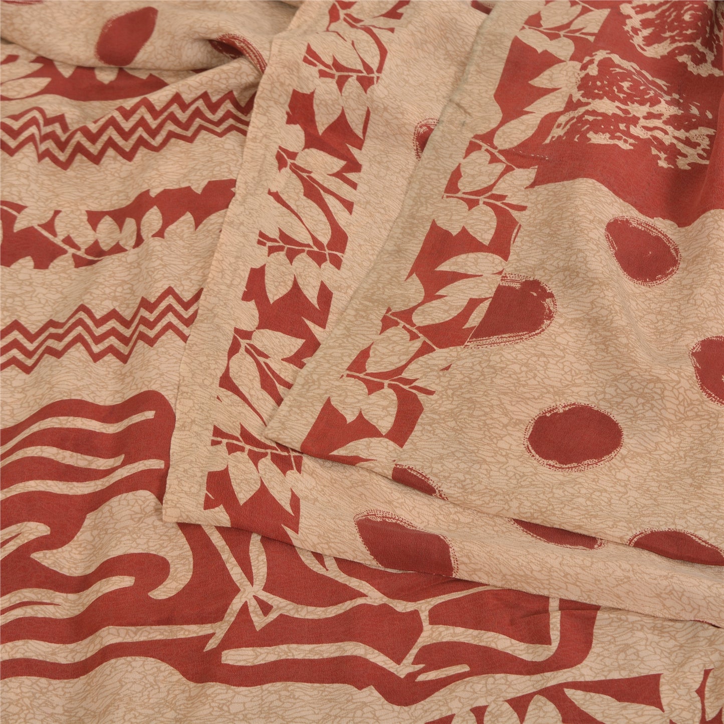 Sanskriti Vintage Sarees Red/Cream Pure Crepe Silk Printed Sari 5yd Craft Fabric