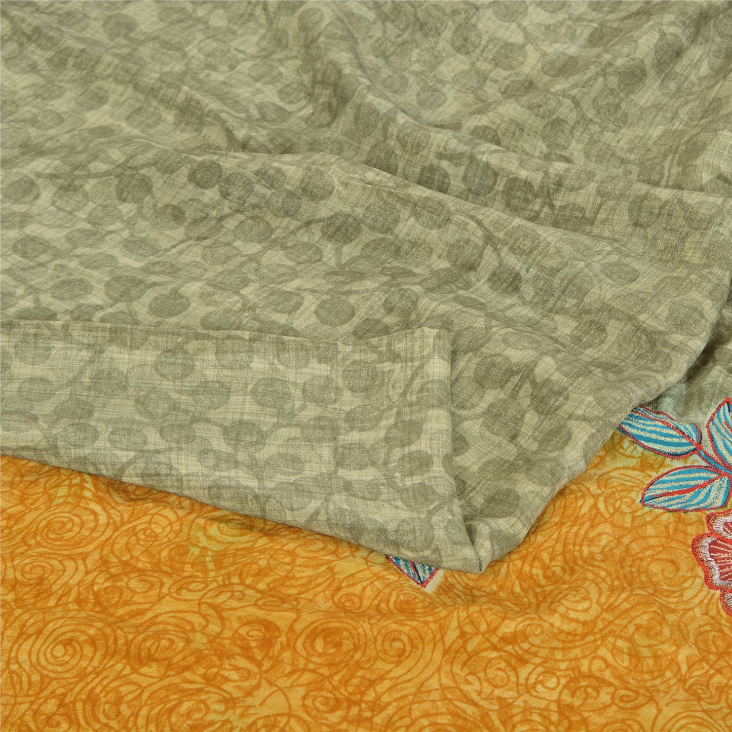 Sanskriti Vintage Sarees Pastel-Green Pure Crepe Printed Sari 5yd Craft Fabric