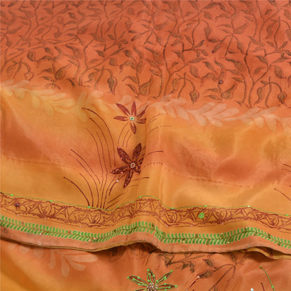 Sanskriti Vintage Sarees Orange Hand Beaded Pure Crepe Sari 5yd Craft Fabric