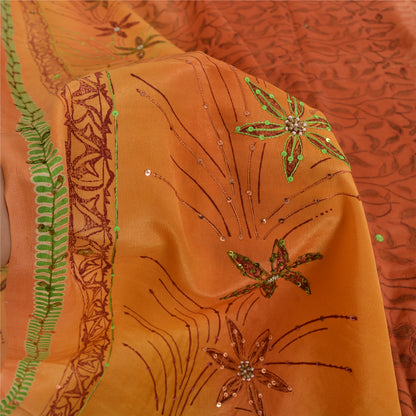 Sanskriti Vintage Sarees Orange Hand Beaded Pure Crepe Sari 5yd Craft Fabric