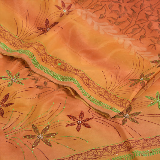 Sanskriti Vintage Sarees Orange Hand Beaded Pure Crepe Sari 5yd Craft Fabric