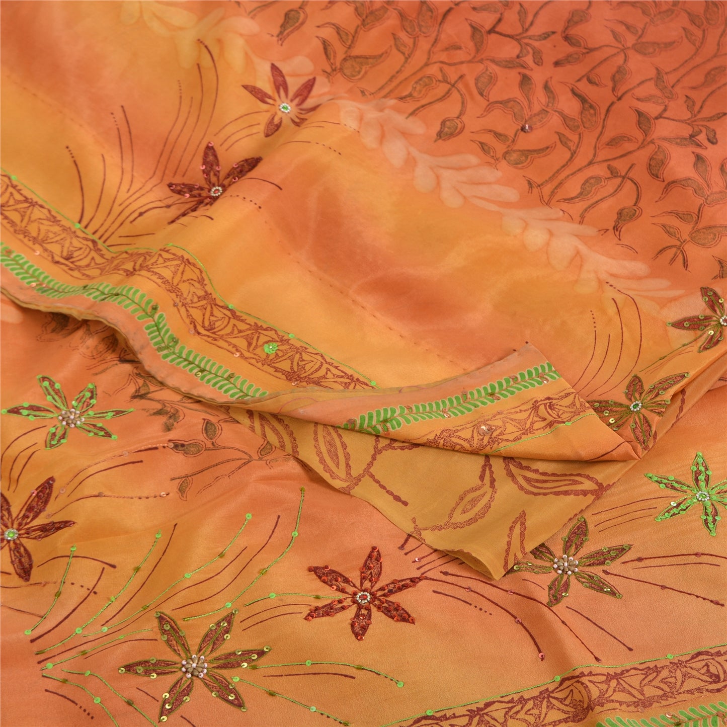 Sanskriti Vintage Sarees Orange Hand Beaded Pure Crepe Sari 5yd Craft Fabric