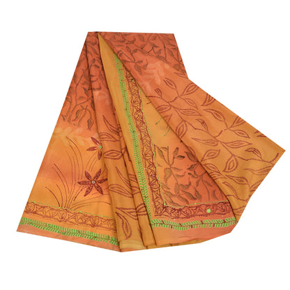 Sanskriti Vintage Sarees Orange Hand Beaded Pure Crepe Sari 5yd Craft Fabric