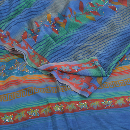 Sanskriti Vintage Sarees Blue/Green Embroidery Pure Crepe Silk Print Sari Fabric