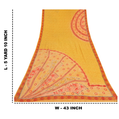 Sanskriti Vintage Sarees Yellow Pure Crepe Silk Printed Sari 5yd Craft Fabric