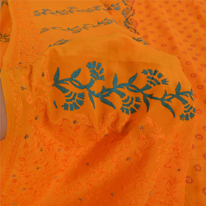 Sanskriti Vintage Sarees Hand Embroidery/Painted Saffron Pure Crepe Sari Fabric