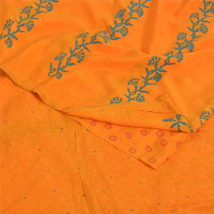 Sanskriti Vintage Sarees Hand Embroidery/Painted Saffron Pure Crepe Sari Fabric