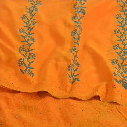 Sanskriti Vintage Sarees Hand Embroidery/Painted Saffron Pure Crepe Sari Fabric