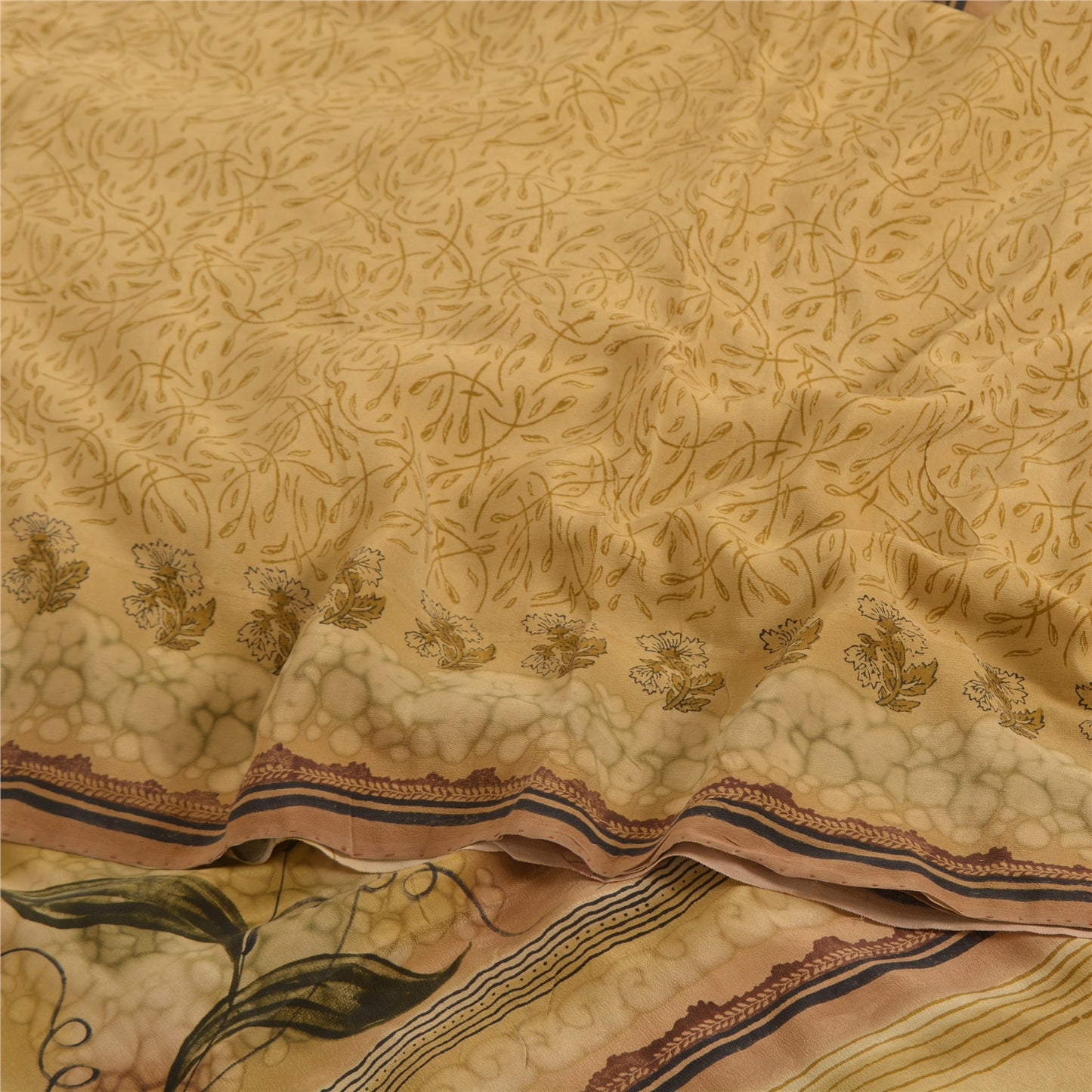 Sanskriti Vintage Sarees Cream Pure Crepe Silk Printed Sari 5yd Craft Fabric