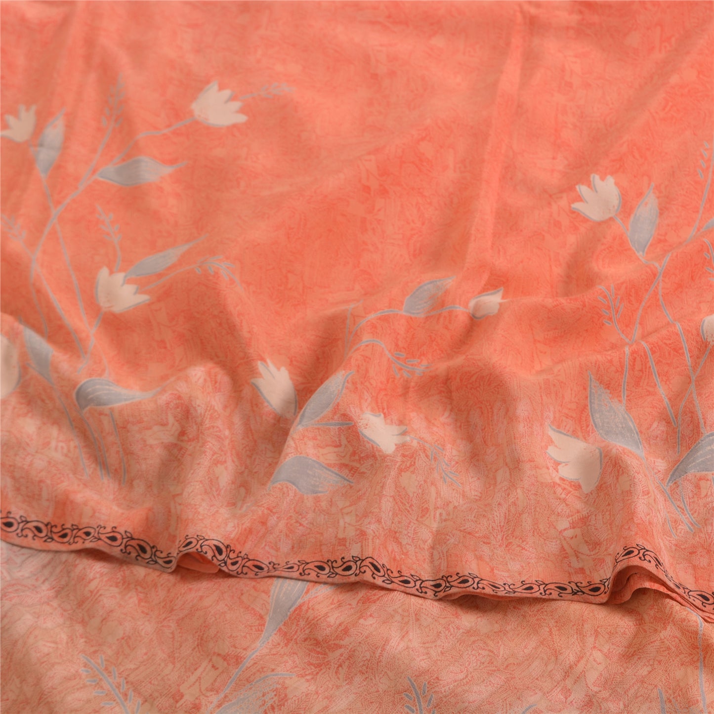 Sanskriti Vintage Sarees Peach Pure Crepe Silk Printed Sari 5yd SoftCraft Fabric